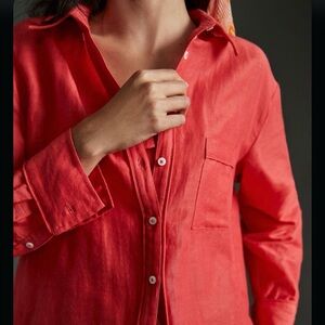 Anthropologie Maeve Linen Blend Button Up Coral Red Shirt Blouse Medium